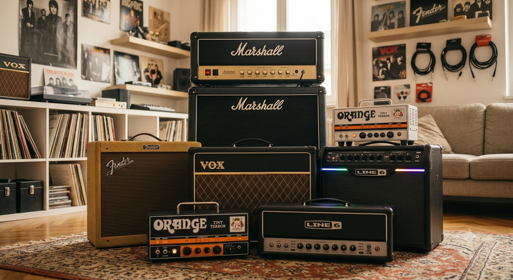Una selezione dettagliata di sei amplificatori per chitarra elettrica disposti su un tappeto vintage, che mostra modelli Marshall valvolari, Vox classici, Line 6 moderni e Orange compatti, con i loghi e i controlli ben visibili.